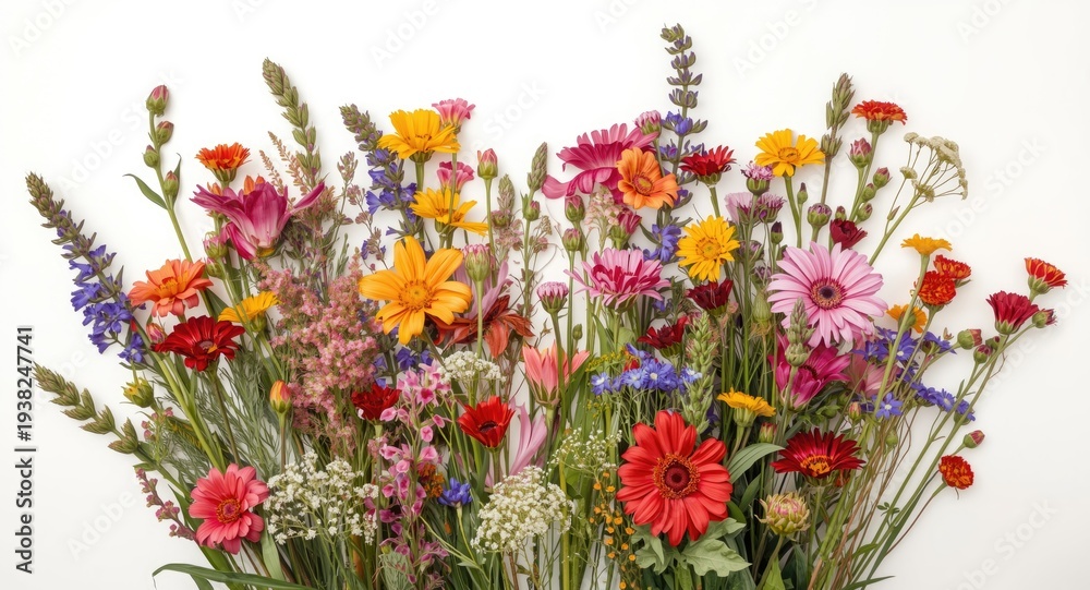 Obraz premium Cheerful wildflower bouquet featuring rich hues on simple white background