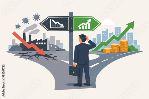 Businessman at Crossroads Choosing Between Economic Recession and Growth, Stock Market Volatility During Coronavirus Pandemic, Financial Crisis and Recovery Concept with Up and Down Trend Arrows