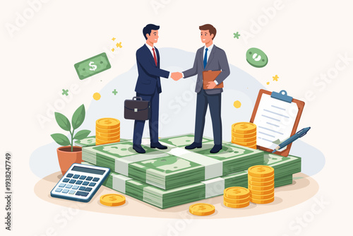 Businessmen Shaking Hands on Stacks of Cash and Coins for Salary Negotiation, Pay Raise Discussion, Business Deal Agreement, Merger and Acquisition, Financial Success and Partnership Concept