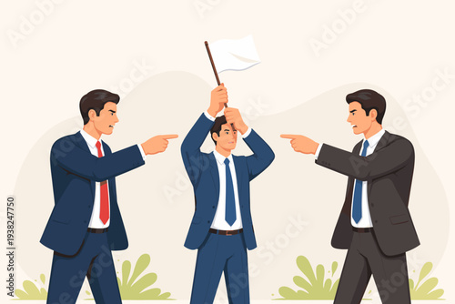 Businessman Holding White Flag to Stop Argument Between Angry Colleagues Pointing Fingers, Concept of Conflict Resolution, Mediation, Surrender, Office Politics, and Negotiation in Business.
