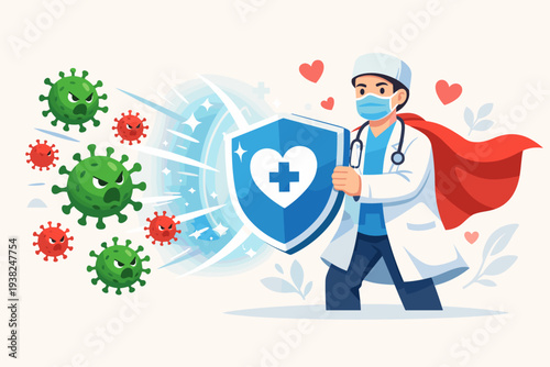 Superhero Doctor Physician with Mask and Cape Holding Medical Shield to Protect Against Coronavirus COVID-19 Virus Outbreak, Healthcare Frontline Hero Concept Illustration Vector Graphic Design