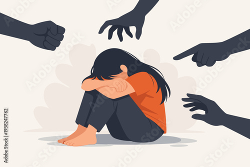 Sad Woman Victim of Abuse, Violence, or Sexual Harassment Feeling Fear, Depression, and Anxiety from Social Bullying, Harassment, and Domestic Violence with Shadow Hands Threatening a Young Girl