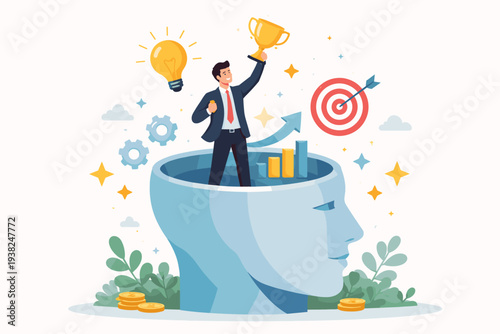 Success Mindset and Positive Attitude for Business Growth Concept with Businessman Holding Trophy Inside Human Head, Goal Achievement, Motivation, Self Development, and Creative Idea Illustration