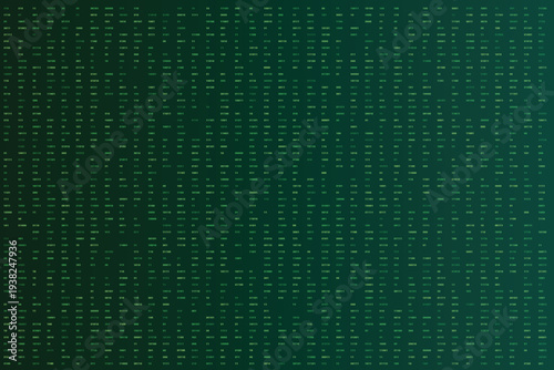 Vibrant green digital matrix displaying rows of binary code and decimal numbers across the screen