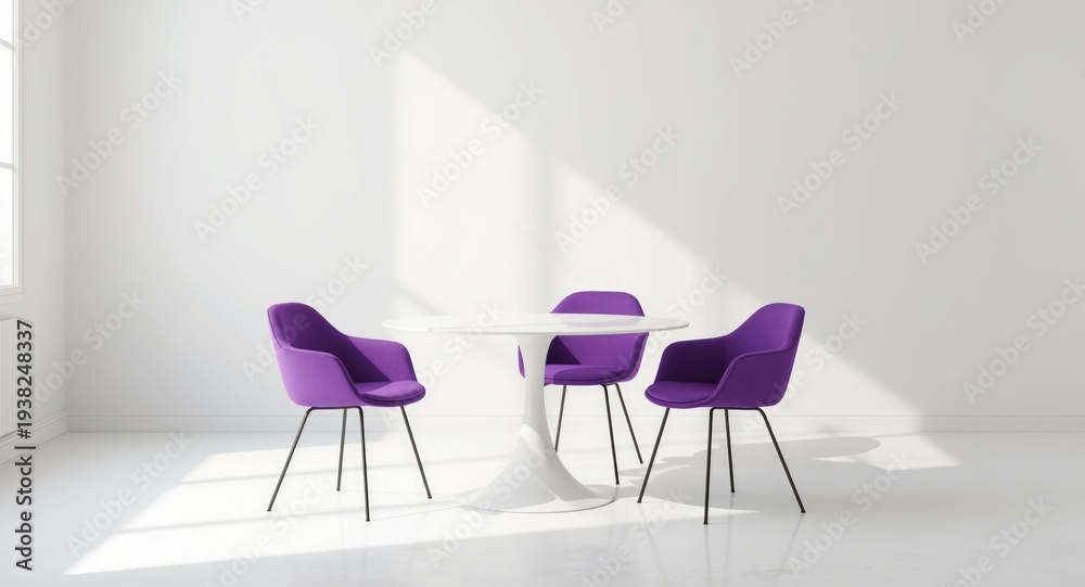 Obraz premium Contemporary dining room featuring purple chairs and white round table with blank wall space