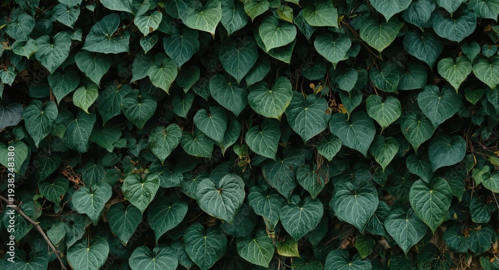 Obraz premium Dense thick green vines with heart shaped leaves covering a textured background