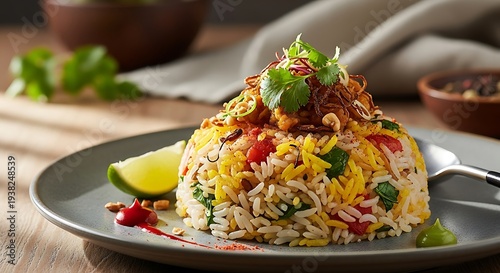 Exotic vegetable biryani plated with lime wedge, offering culinary delight