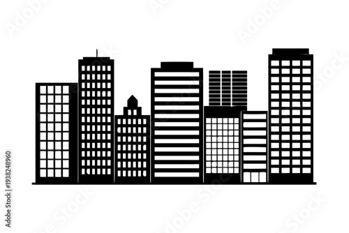 Cityscape silhouette of modern skyscrapers and buildings.