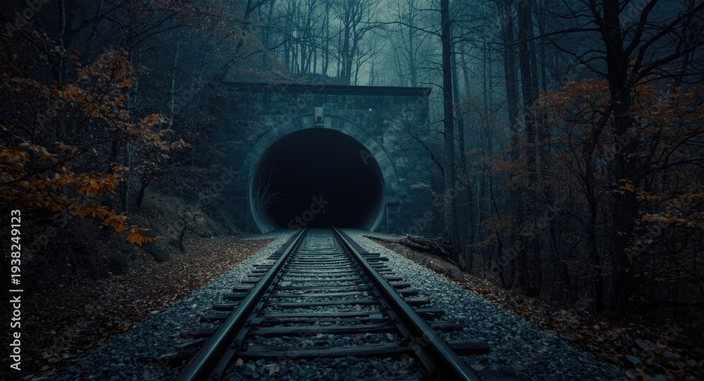 Fototapeta premium railway track venturing into a mysterious forest tunnel