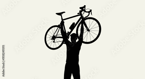 Cyclist holding bicycle above head silhouette sports concept