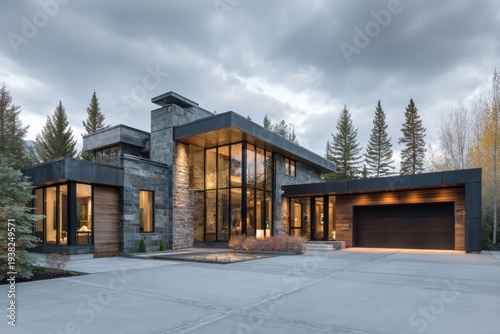Modern house stands in a quiet neighborhood with large windows, stone exterior, and a clean driveway surrounded by trees during evening light