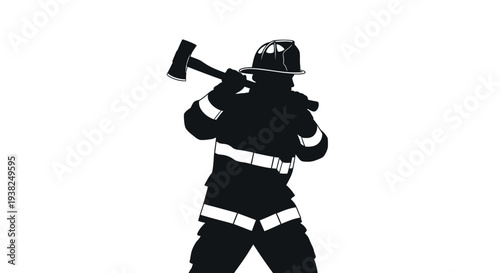 Firefighter silhouette with axe performing action against white background