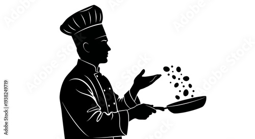 Chef silhouette frying food preparation culinary arts vector illustration