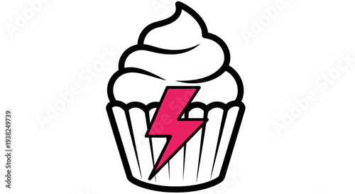 Colorful cupcake with pink lightning bolt.