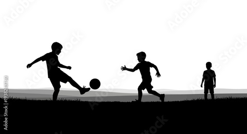 Children playing football silhouette scene outdoors