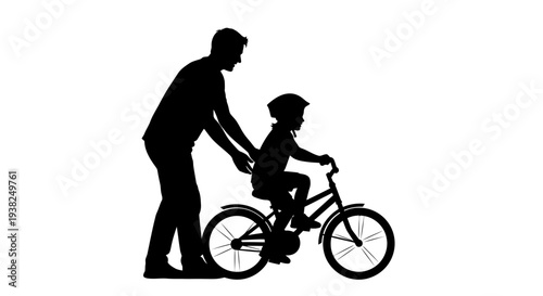 Child riding bicycle with support silhouette vector illustration