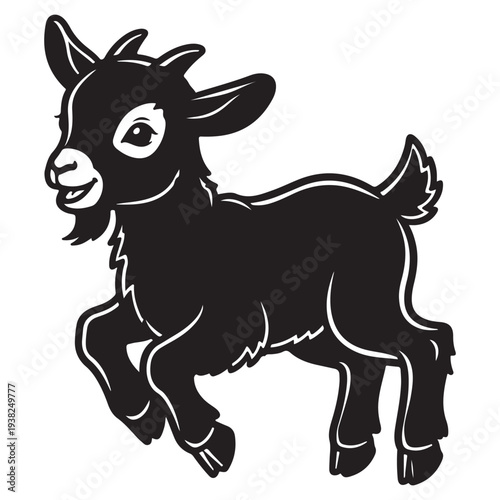 Cute Black Cartoon Baby Goat Jumping and Smiling
