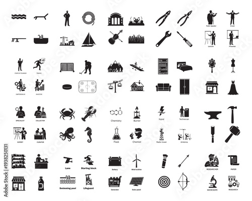 A collection of various black silhouettes of objects and people on a white background silhouette