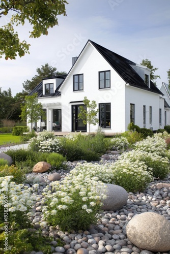 Surrounded by lush green plants, a charming white house topped with a striking black roof stands proudly in a yard adorned with vibrant rocks and colorful flowers.