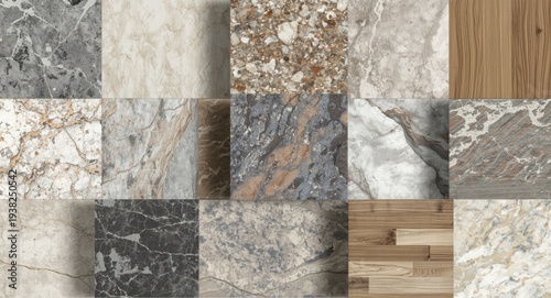 Assortment of artificial stones ceramic tiles and wooden veneer swatches for stylish interior themes