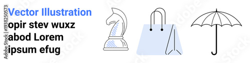 Business strategy, online shopping, weather protection, retail branding, planning, decision-making. Minimalistic chess knight, shopping bag and umbrella icons. Business strategy and shopping concept