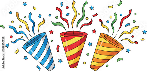 Colorful Party Confetti Popper Cartoon Illustration with Celebration Streamers and Festive Explosion Vector