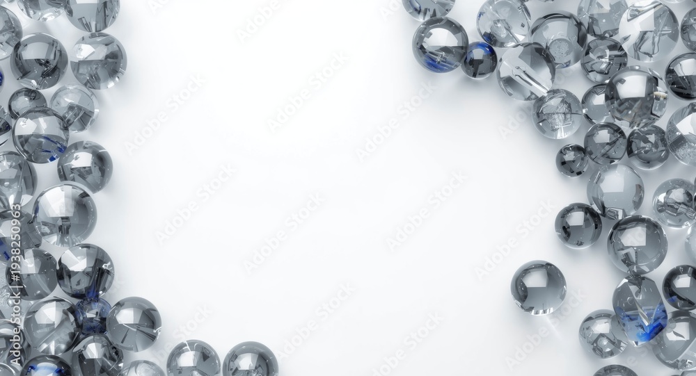 Fototapeta premium Cluster of small glass marbles displayed on white surface with space for text