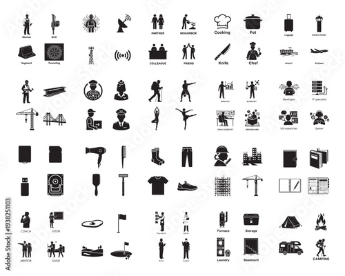 A collection of various black silhouettes of people and objects on a white background silhouette