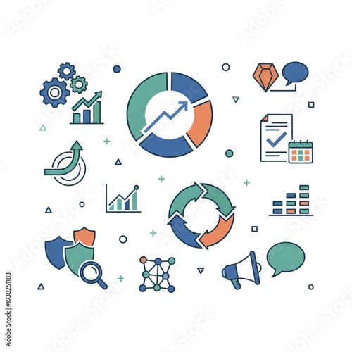Vector illustrations of business analytics, data visualization, project management, and marketing strategies for SaaS models