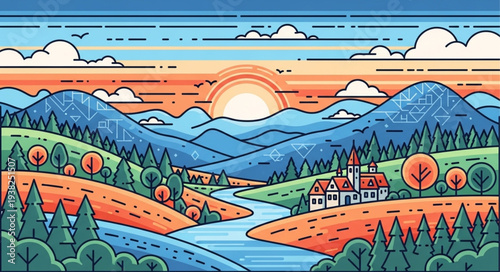 Serene landscape with river and mountains at sunset.