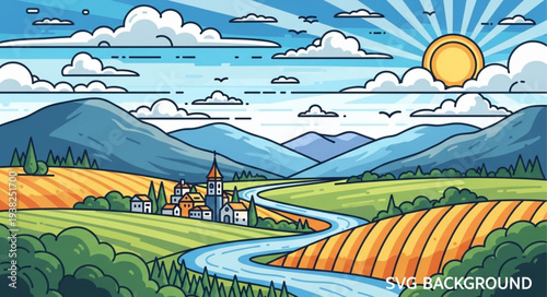 Serene landscape with rolling hills and a winding river.