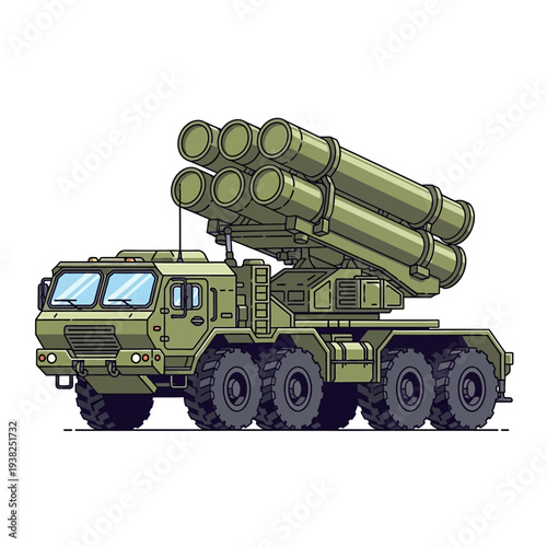 Military rocket launcher truck, heavy artillery vehicle, army weapon system, green color