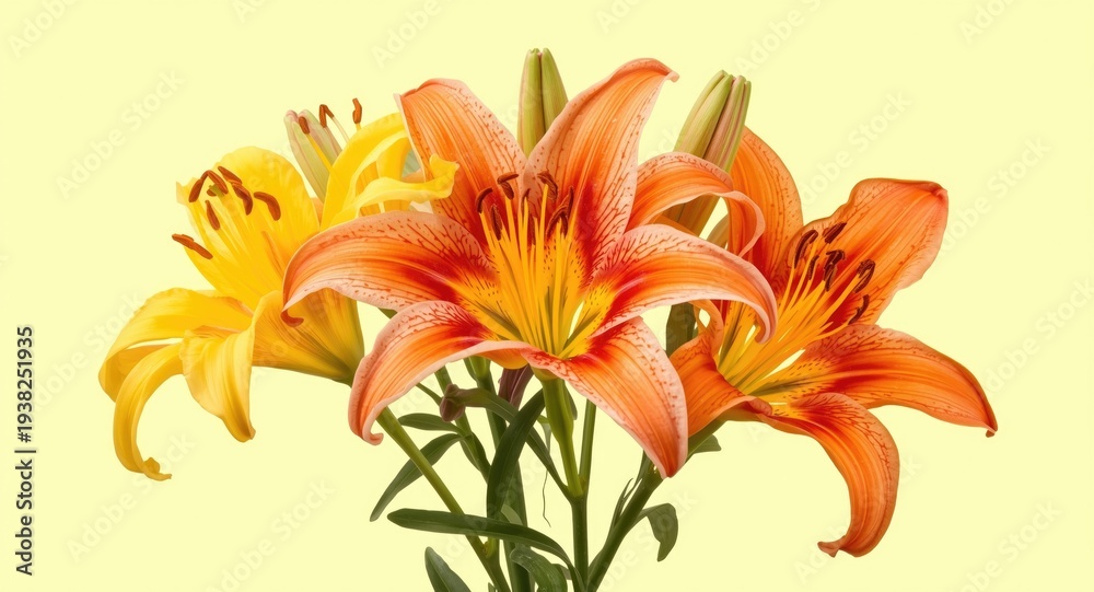 Fototapeta premium Colorful lily blossoms in vibrant yellow pink and orange tones isolated against plain background