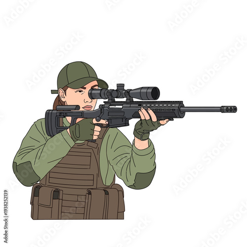 Female sniper aiming rifle with scope, tactical gear, military, army, professional shooter