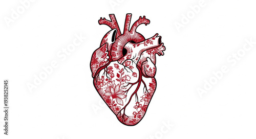 Anatomical illustration of a human heart with detailed red and white structures.