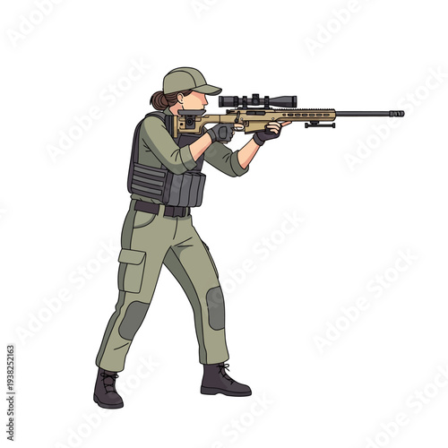 Female Sniper Aiming Rifle with Scope, Military Tactical Gear, Combat Ready