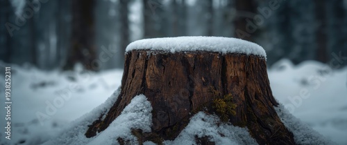 Panel kuchenny z motywem Close-up focus on a snowy timber stump in a peaceful winter forest