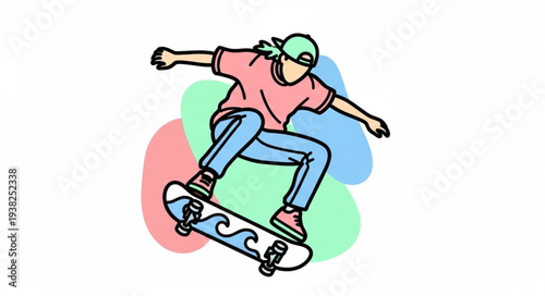Young man performing skateboarding trick with colorful background.