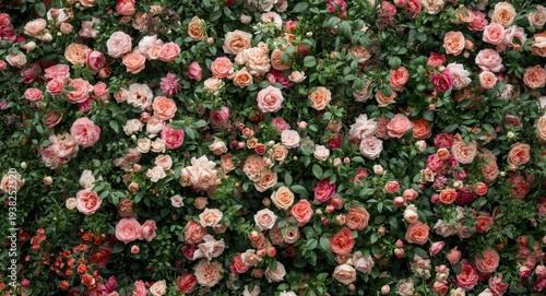 Elegant rose wall backdrop presenting a vivid mix of pink and peach flowers with dense greenery