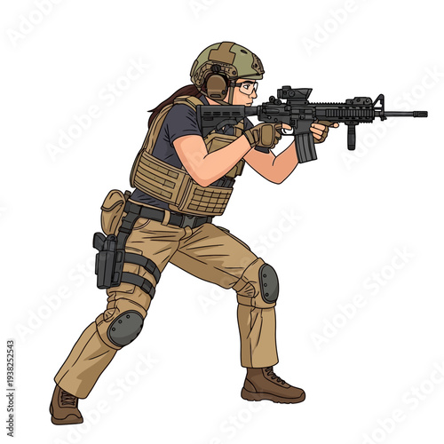 Female Soldier Aiming Assault Rifle, Tactical Gear, Combat Stance, Military Action