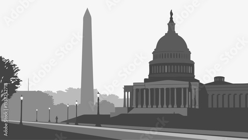 Monochromatic Silhouette of National Government Buildings and Tall Monument on City Avenue Scene washington dc skyline