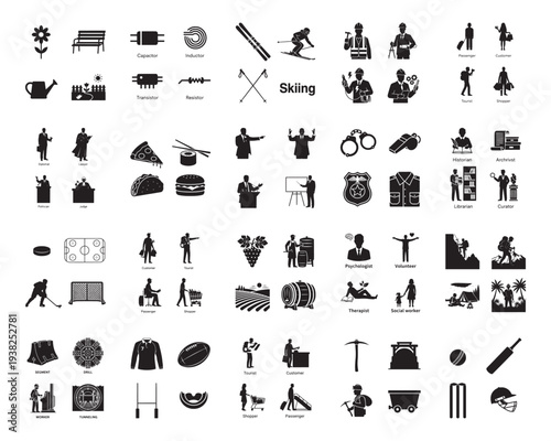 A collection of various black silhouettes of people engaging in different activities and hobbies against a white background silhouette