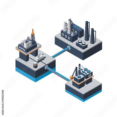 Isometric illustration of an offshore oil rig connected by pipelines to onshore industrial processing plants.
