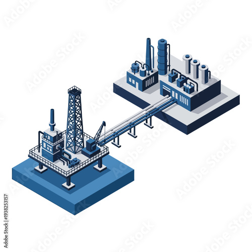 Isometric illustration of an offshore oil rig connected by a pipeline to an onshore processing plant, symbolizing the oil and gas industry.