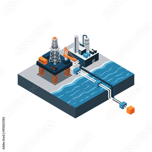 Isometric illustration of an offshore oil rig and processing facility connected to subsea pipelines and a land-based terminal.