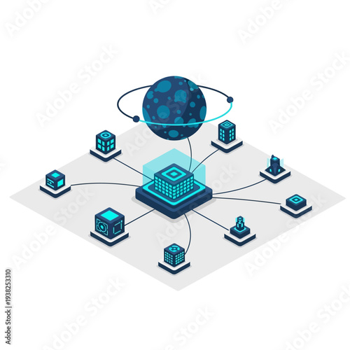 Abstract representation of a decentralized network system with a central server connecting various nodes and a planet in orbit, symbolizing global connectivity and data distribution.