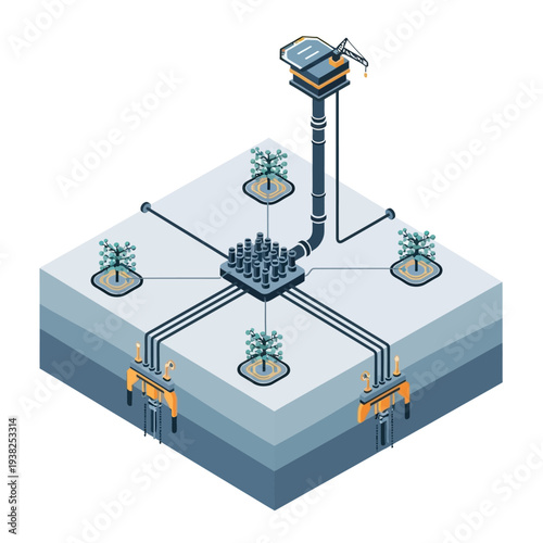 Isometric illustration of an offshore oil and gas extraction platform with subsea wells and pipelines connecting to a central manifold.