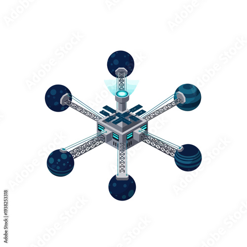 Futuristic hexagonal space station with six connected spherical modules, emitting a bright blue light from its central core.
