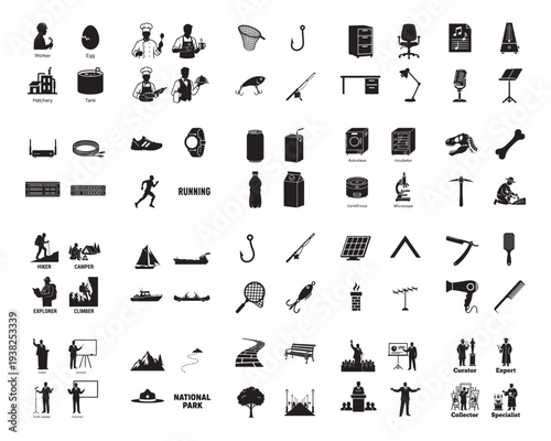 A collection of various black silhouettes on a white background, showcasing everyday life and activities in silhouette
