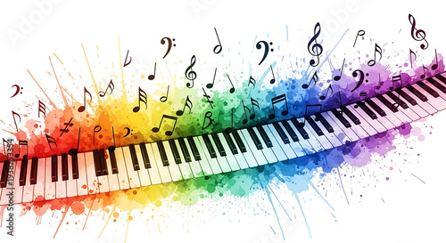 Abstract piano keyboard with colorful musical notes and paint splashes